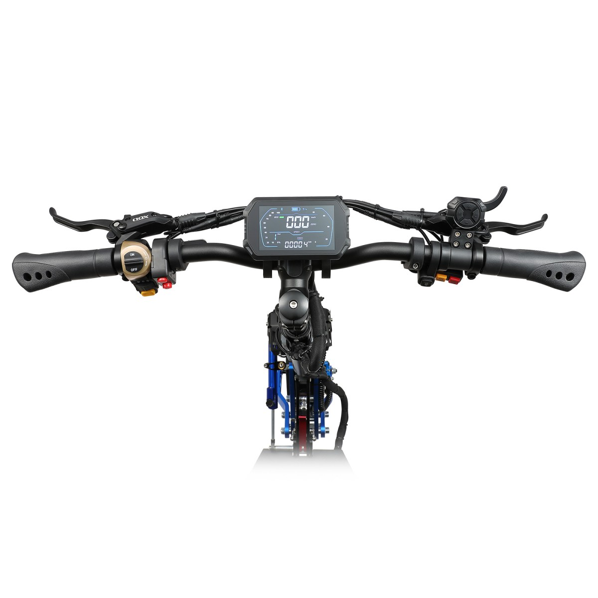 Zbliżenie kierownicy skutera elektrycznego. Wyświetlacz pokazuje prędkość. Widoczne dźwignie, przyciski i uchwyty, wszystko czarne.