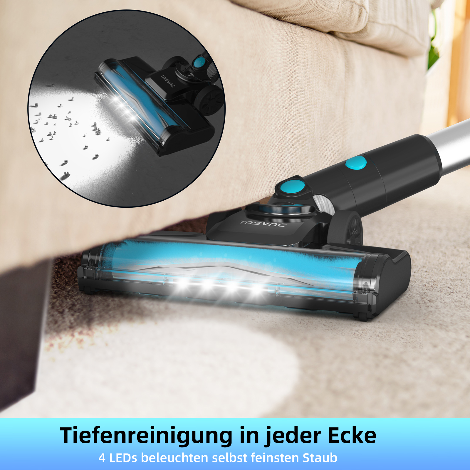 Ein Staubsauger reinigt unter einem Sofa. Er hat einen schwarzen Körper und blaue Lichter, Staub ist sichtbar.