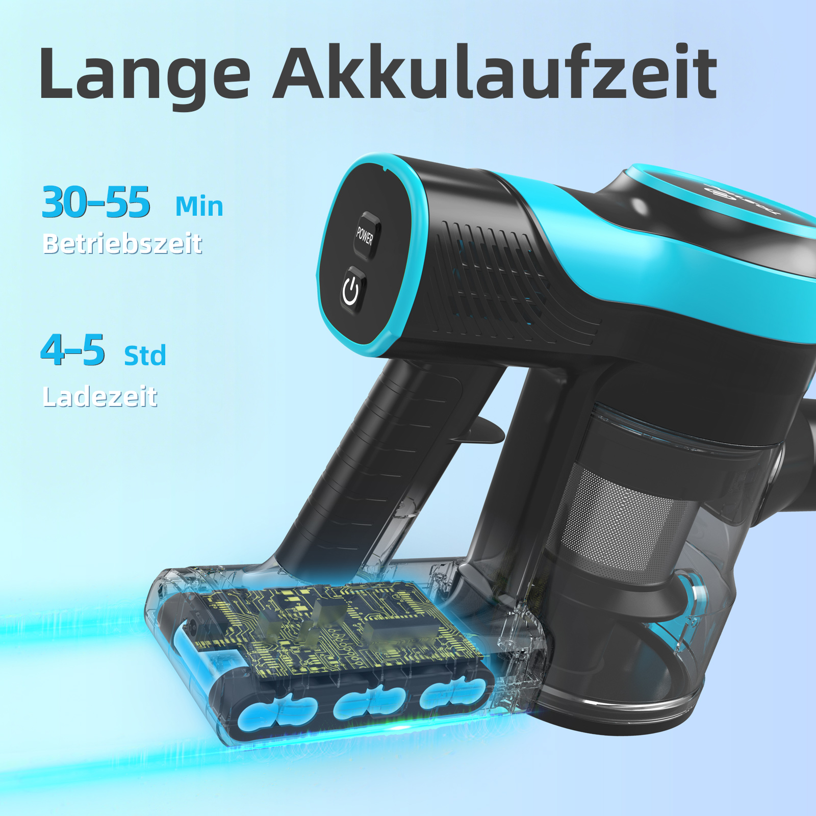 Ein kabelloser Staubsauger mit blauen Akzenten. Zeigt Akku und Power-Taste. Text: 30-55 Min. Laufzeit und 4-5 Stunden Ladezeit.