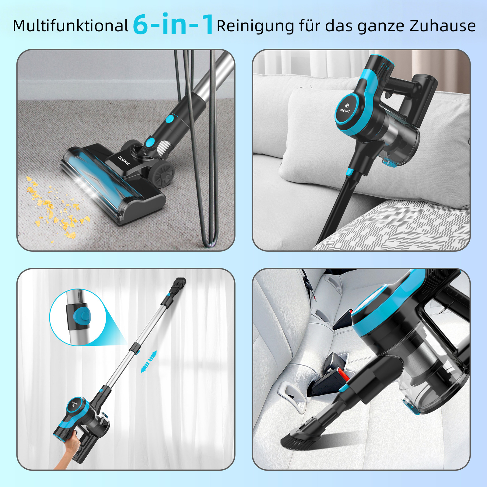 Ein 6-in-1-Staubsauger in Gebrauch. Szenen umfassen die Reinigung eines Teppichs, Sofas, Vorhangs und Autoinnenraums.