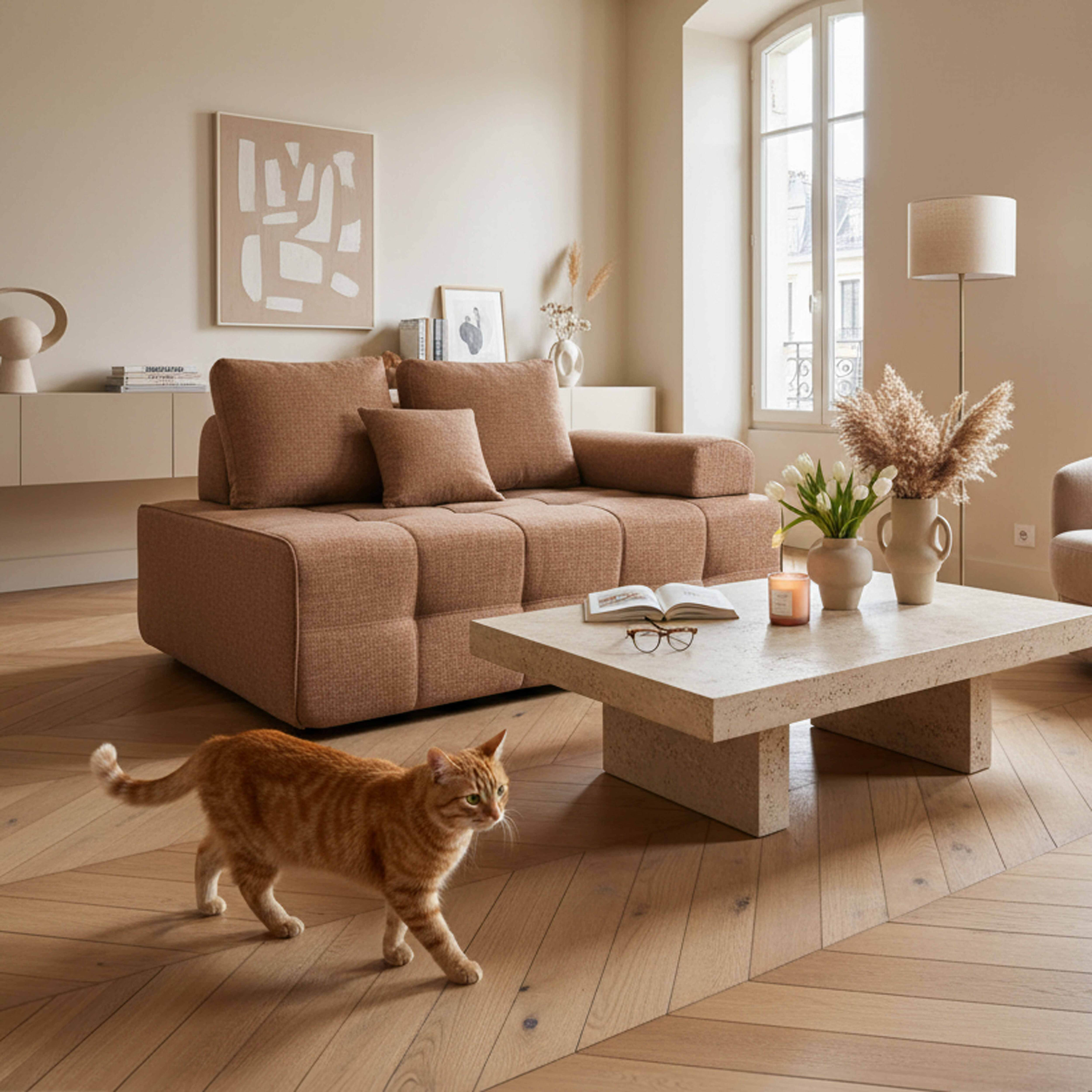 Wohnzimmerszene mit Katze. Braunes Sofa, Couchtisch und eine Katze, die auf dem Holzboden läuft.