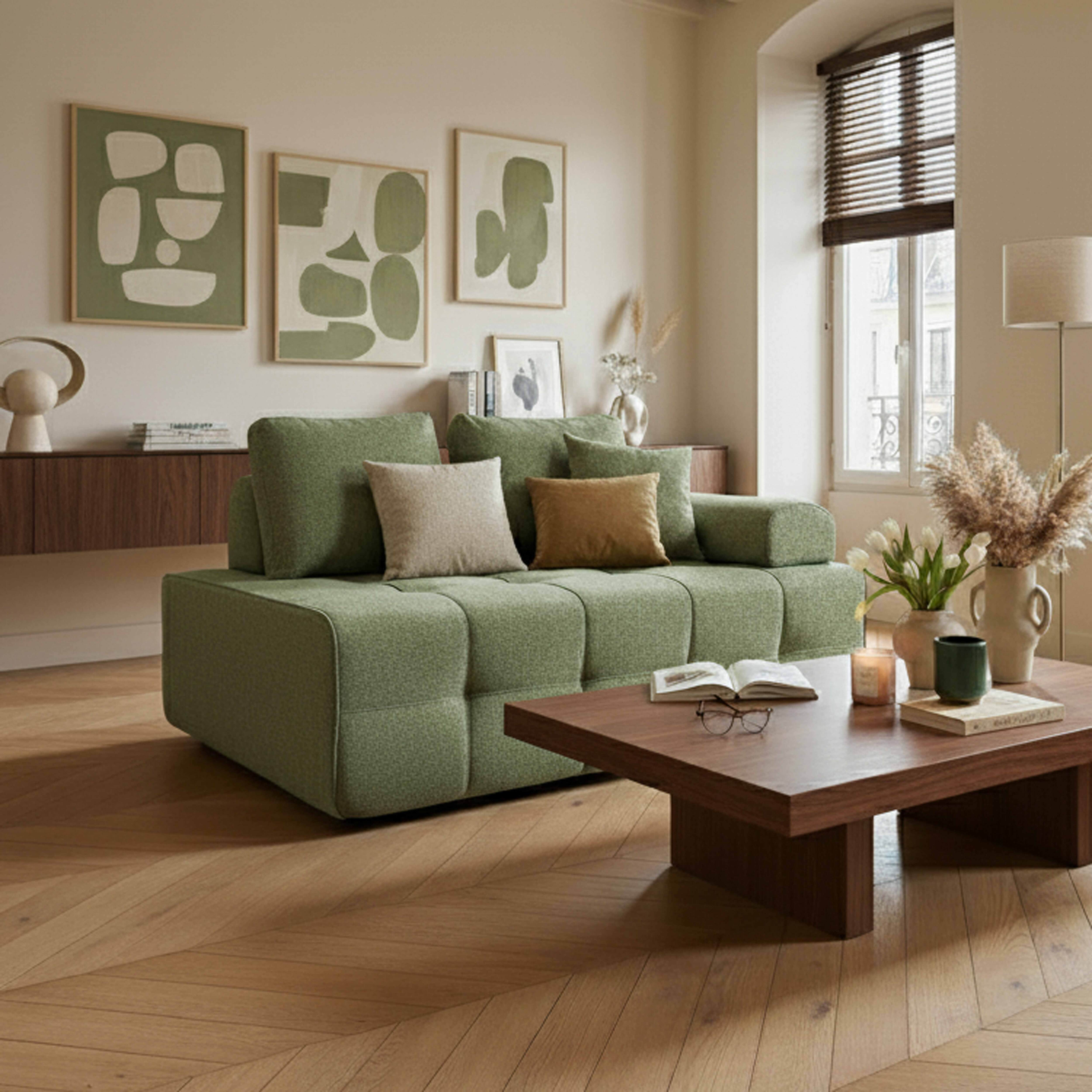 Ein grünes Sofa mit Kissen, ein Couchtisch aus Holz und abstrakte Kunst an der Wand. Rechts ein Fenster mit Jalousien.