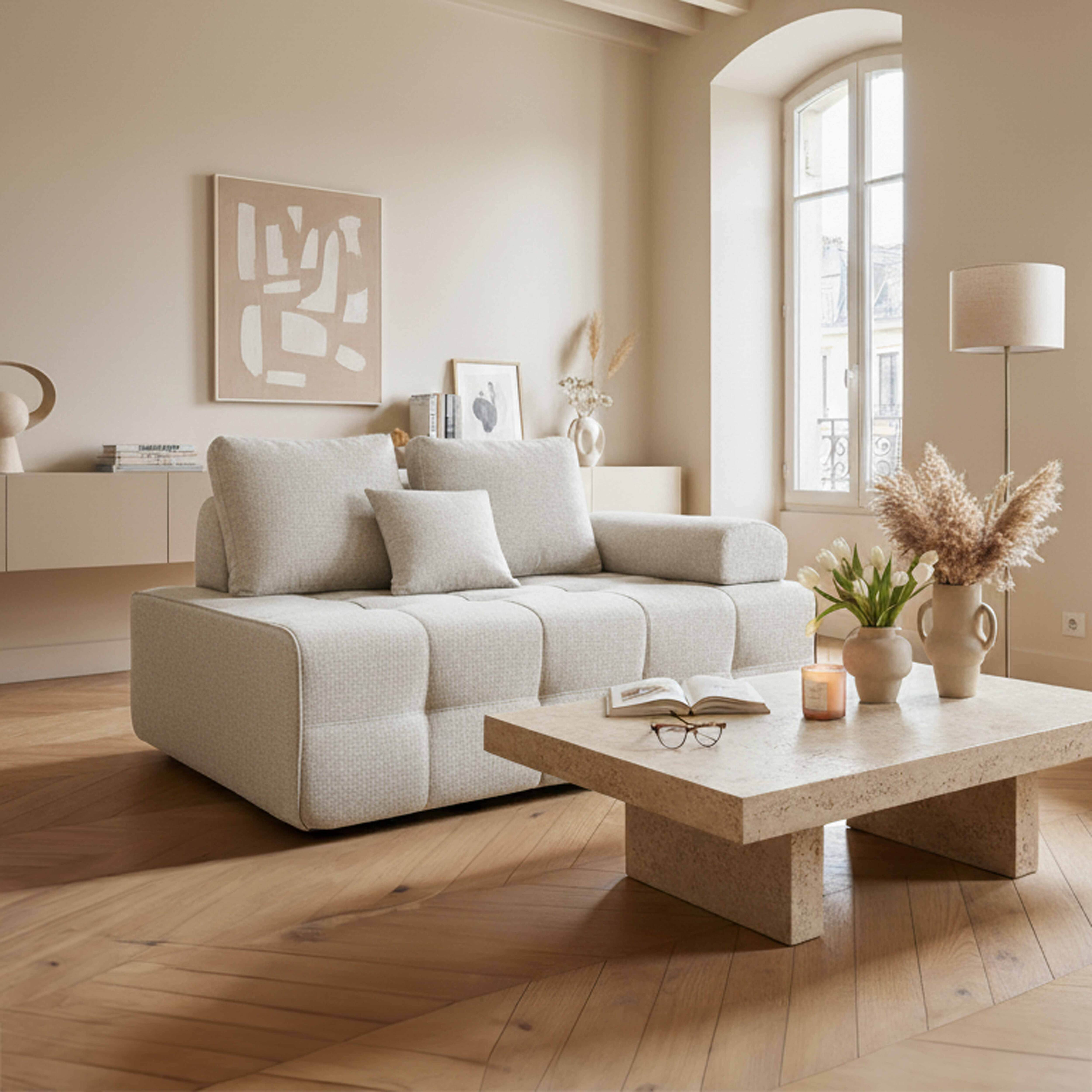 Beiges Wohnzimmer. Sofa, Couchtisch und Fenster. Dekoration und Bücher sind sichtbar.