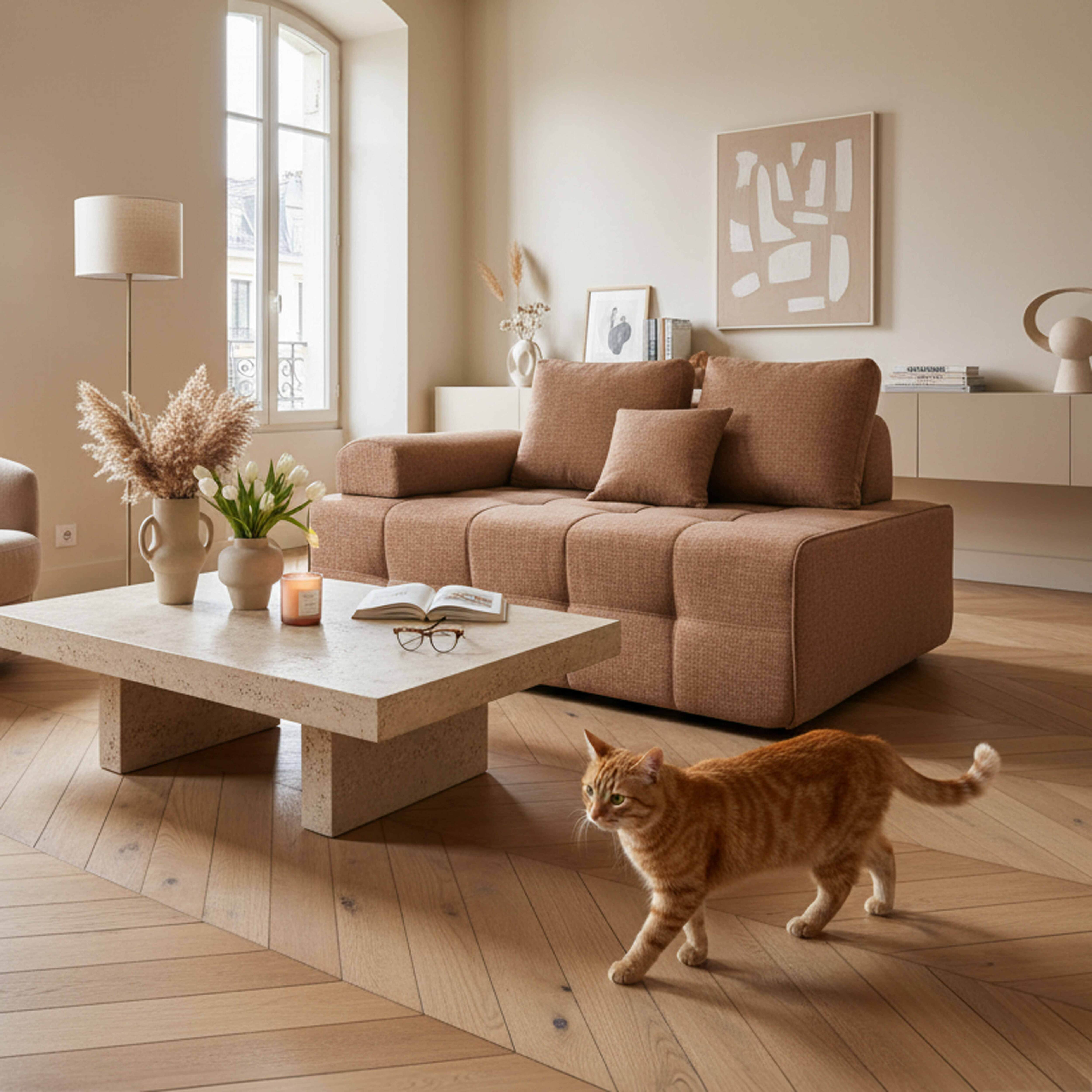 Ein Wohnzimmer mit braunem Sofa, Couchtisch, Katze und Fenster. Eine Katze geht auf dem Holzboden.