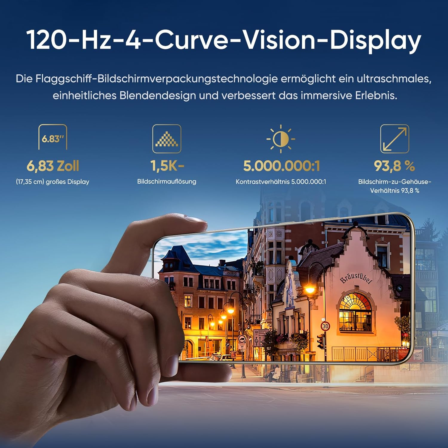 Una mano sosteniendo un teléfono que muestra una escena de la ciudad. Las especificaciones incluyen una pantalla de 120 Hz, resolución 1.5K y una relación pantalla-cuerpo del 93,8%.