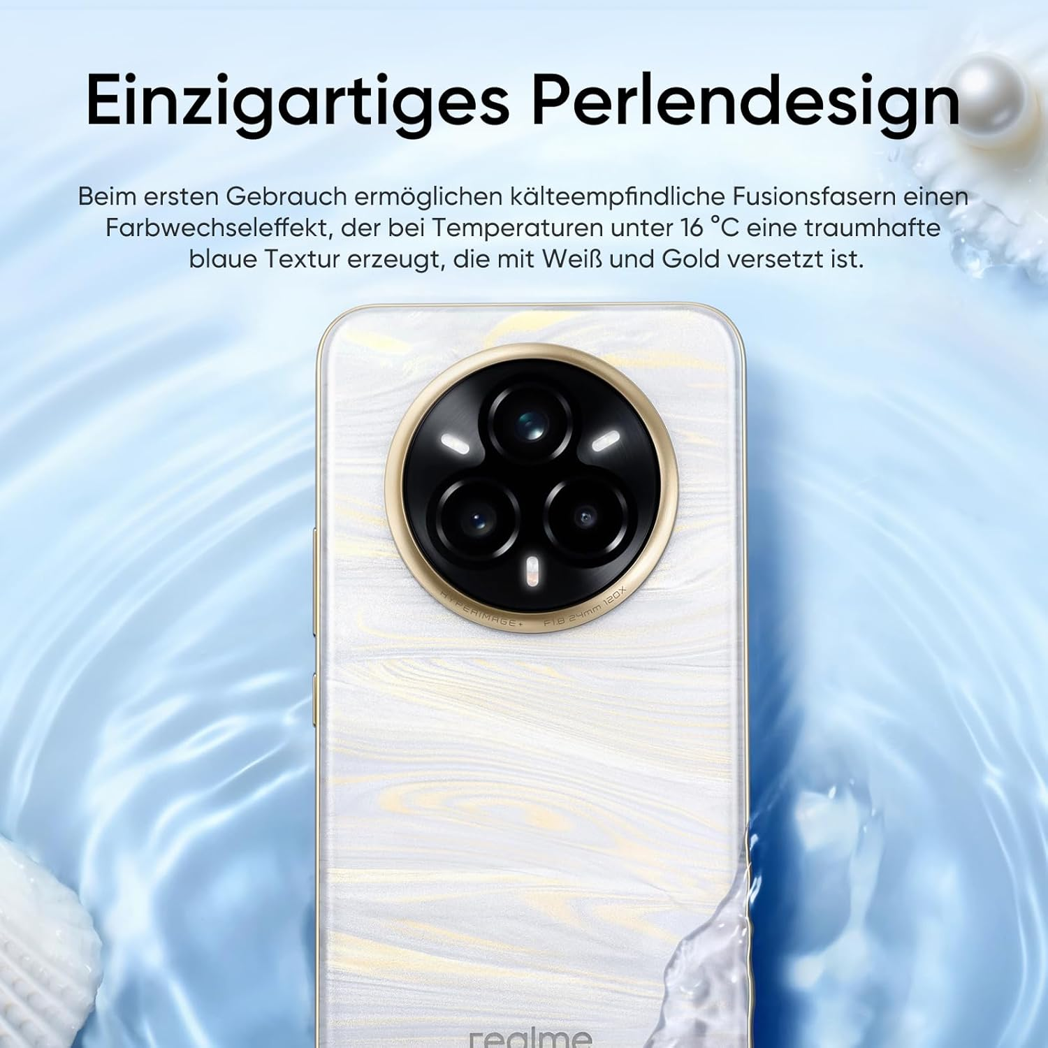 Un smartphone con diseño perlado. El módulo de la cámara es negro con detalles dorados. El fondo es un efecto de agua azul.
