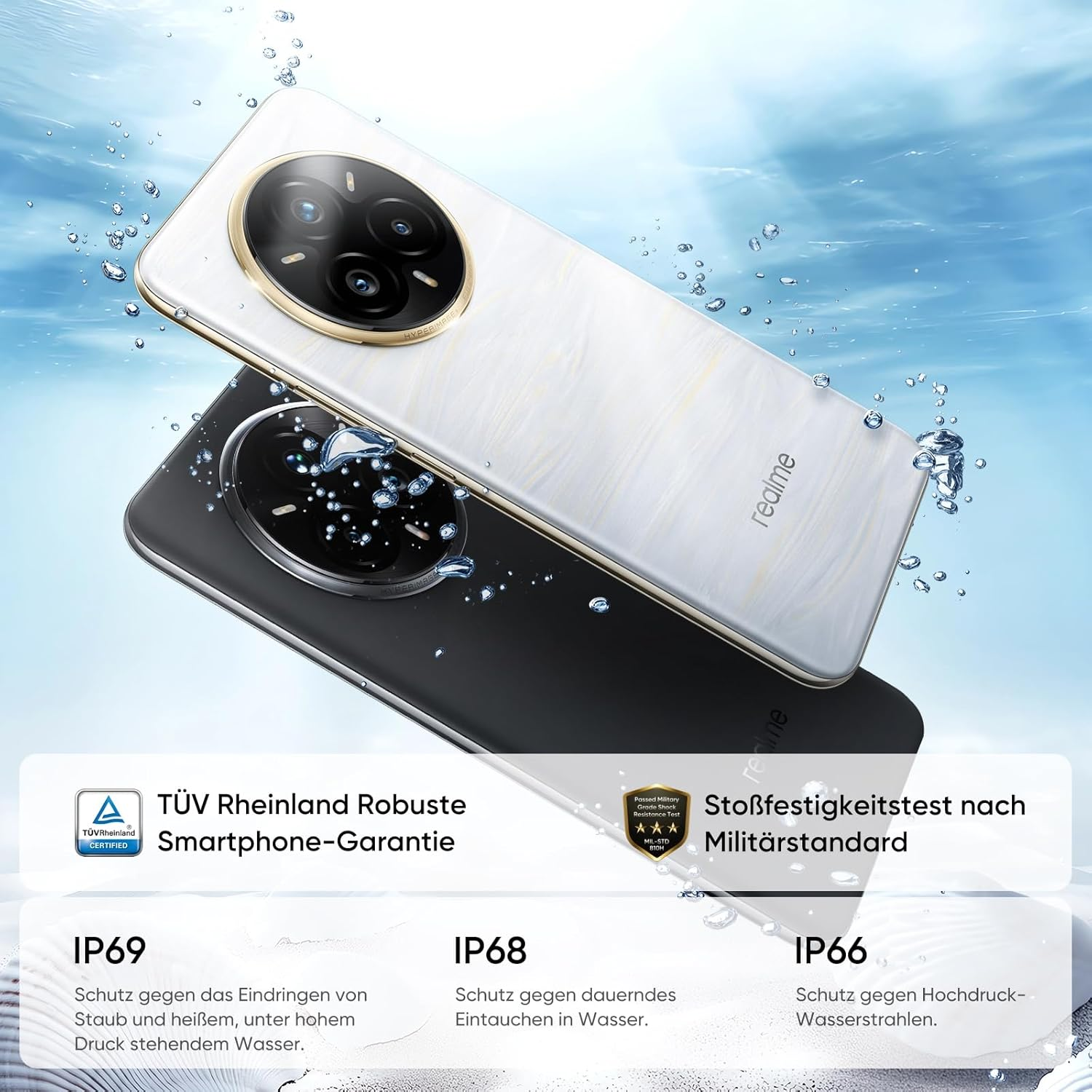 Dos smartphones, blanco y negro, con gotas de agua. Texto: IP69, IP68, IP66 y certificación TUV Rheinland.