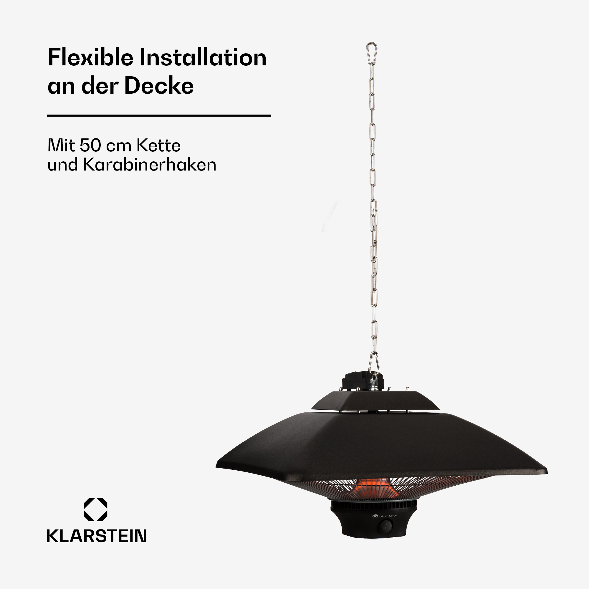 Schwarzer Terrassenheizer, der an einer Kette hängt. Text oben: Flexible Installation. Unten: Klarstein-Logo.