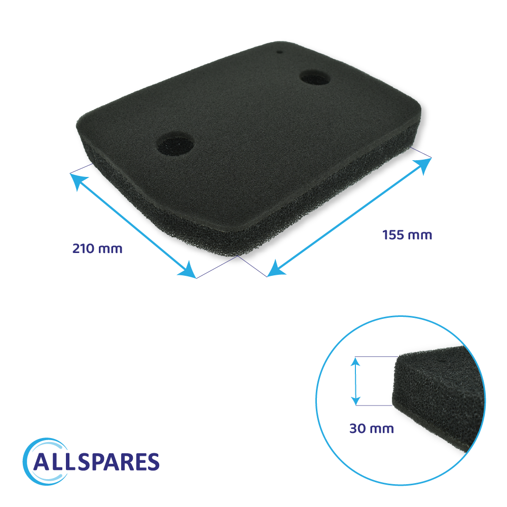 Ein schwarzer rechteckiger Schaumstofffilter mit zwei Löchern, die Abmessungen sind 210 mm x 155 mm x 30 mm. 'ALLSPARE'-Logo links unten.