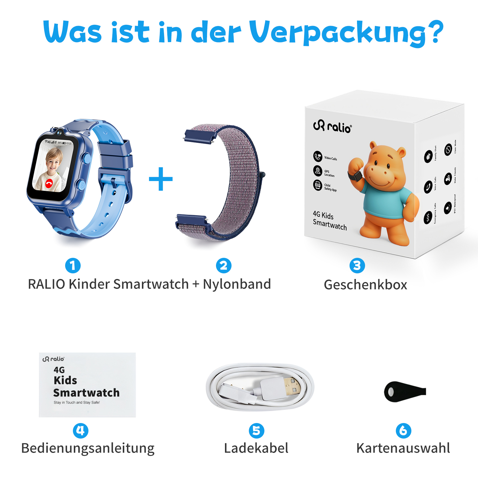 Das Bild zeigt eine Smartwatch, ein Armband, eine Geschenkbox, eine Anleitung, ein Kabel und eine Karte.