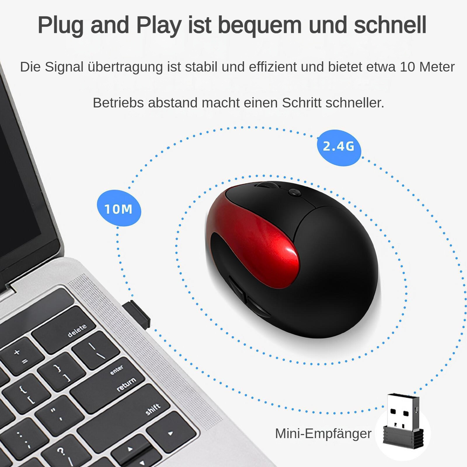 Eine schwarze und rote kabellose Maus mit einem Laptop und einem USB-Empfänger. Text zeigt 10 Meter Reichweite und 2,4G.