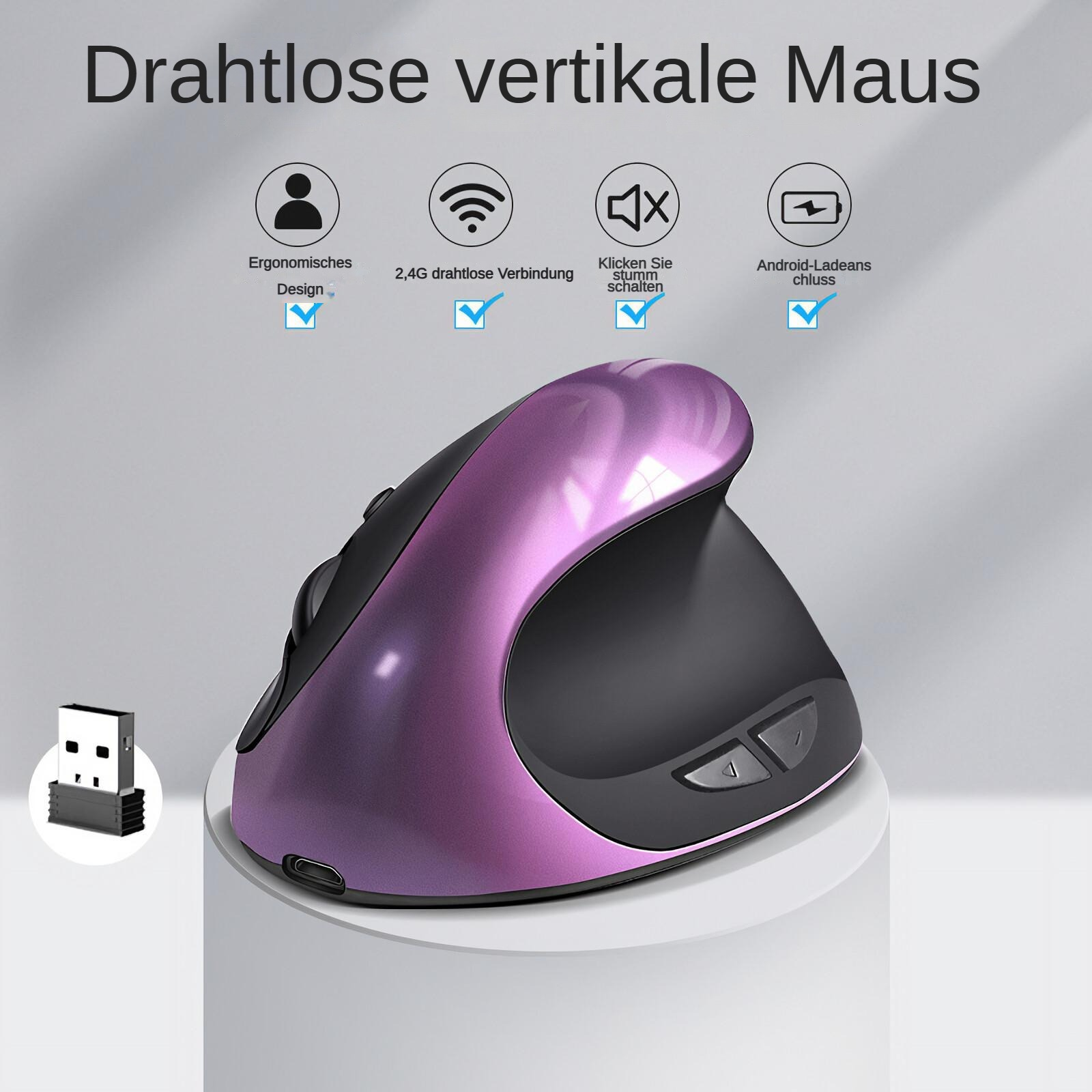 Eine vertikale Funkmaus in lila und schwarz. Zu den Merkmalen gehören ergonomisches Design und 2,4G-Funkverbindung.