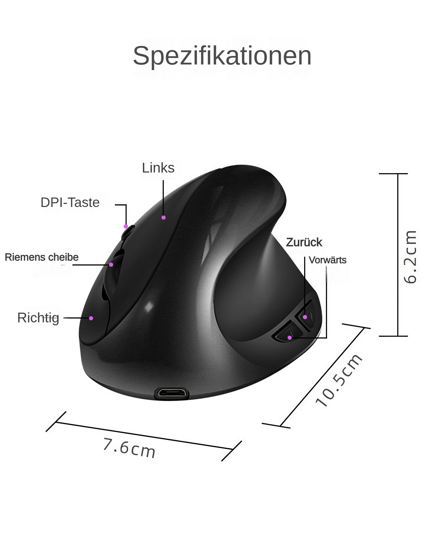 Schwarze ergonomische Maus mit beschrifteten Teilen und Abmessungen. DPI, Links und Scrollrad sind sichtbar. Größe: 7,6 cm x 10,5 cm x 6,2 cm.