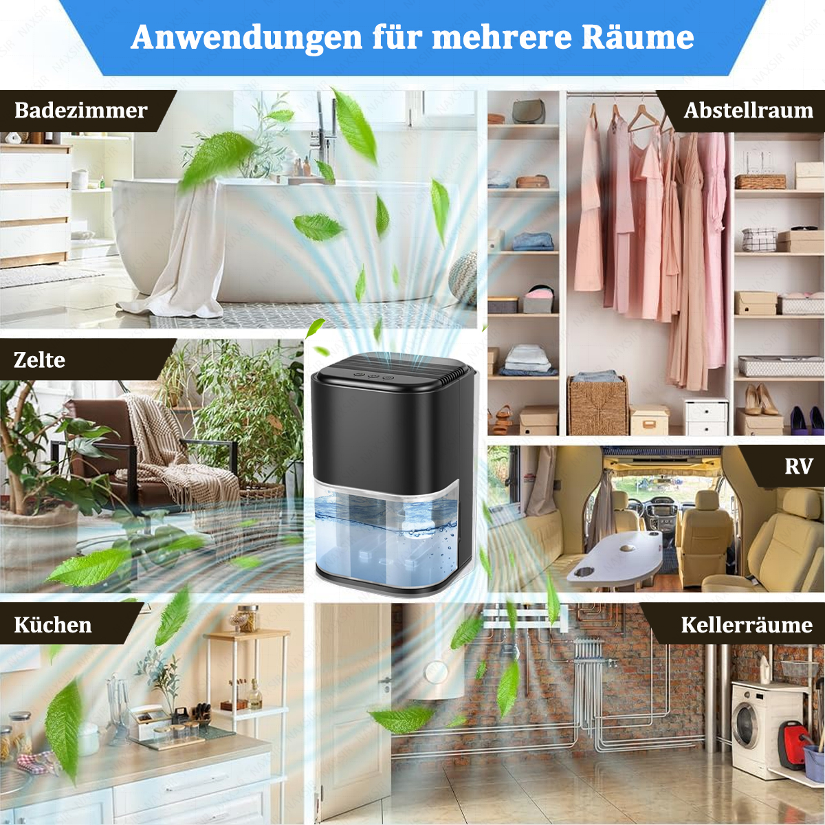 Ein Luftentfeuchter in einem schwarzen Gehäuse wird gezeigt. Es ist von Bildern verschiedener Räume umgeben, in denen es verwendet werden kann.