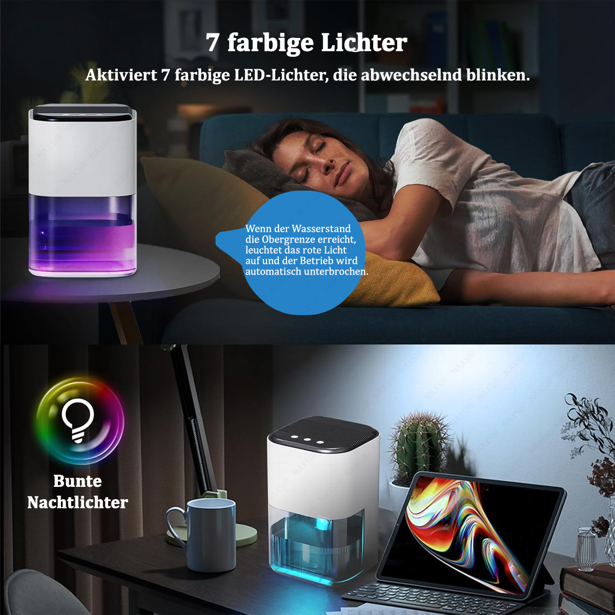 Eine Frau schläft auf einem blauen Sofa. Ein Luftbefeuchter mit farbigen Lichtern steht auf einem Tisch. Ein weiterer Befeuchter und ein Tablet auf dem Schreibtisch.