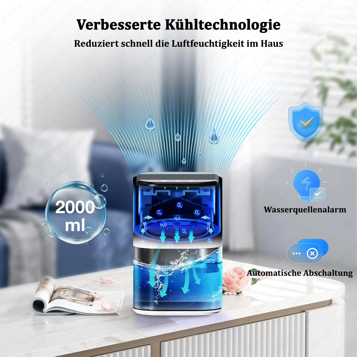 Ein Luftreiniger mit Wassertröpfchen, einem 2000 ml Wassertank und Funktionssymbolen wie automatischer Abschaltung.
