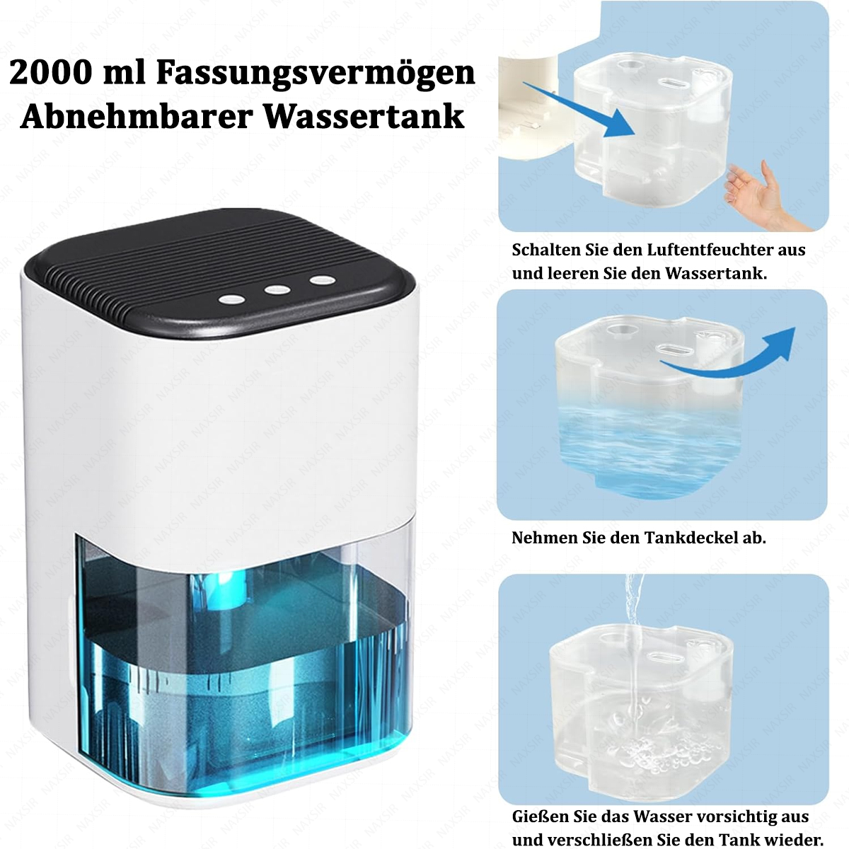 Ein weiß-schwarzer Luftreiniger mit Wassertank, Anweisungen zum Entleeren des Tanks sind ebenfalls abgebildet.