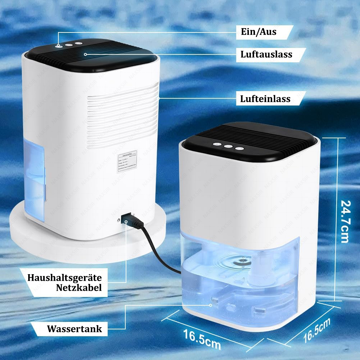 Zwei weiße und schwarze Luftentfeuchter mit blauen Wassertanks werden angezeigt. Abmessungen und Etiketten sind ebenfalls sichtbar. Ein Netzkabel ist angeschlossen.