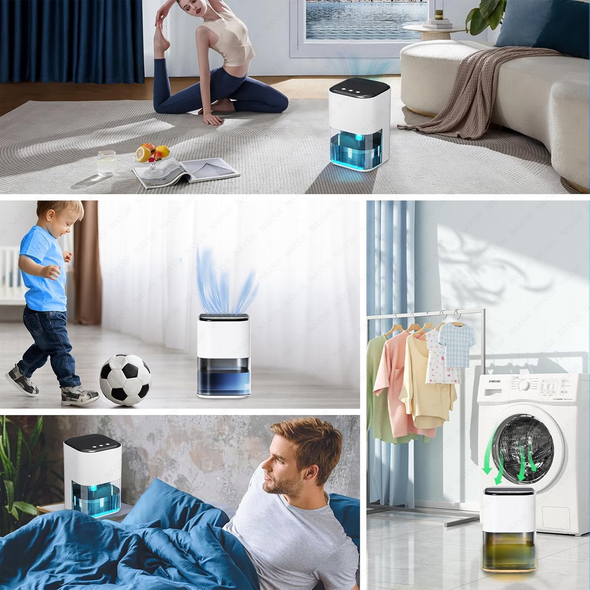 Eine Frau dehnt sich, ein Kind mit einem Fußball, ein Mann im Bett und eine Waschmaschine mit Luftbefeuchter.