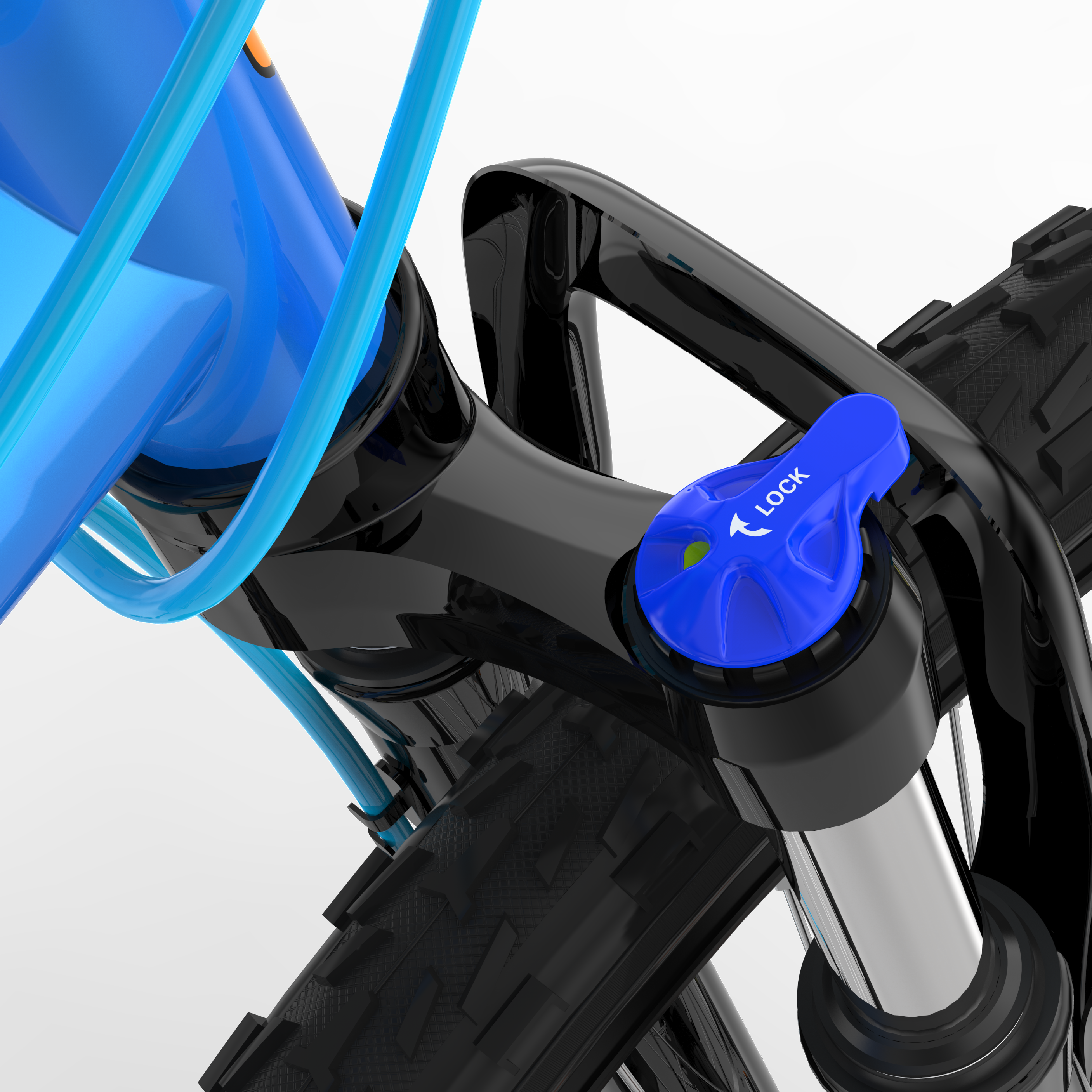 Nahaufnahme einer Fahrradgabel mit blauen und schwarzen Komponenten. Ein blauer Knopf mit der Aufschrift „LOCK“ ist sichtbar. Schwarzer Hintergrund.