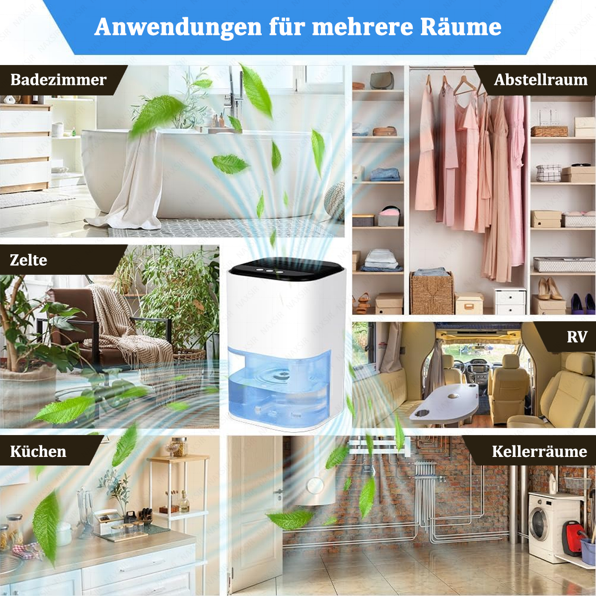 Ein weißer Luftentfeuchter wird mit Beispielen gezeigt, wo er verwendet werden kann: Badezimmer, Schrank, Zelt, Wohnmobil, Küche und Keller.