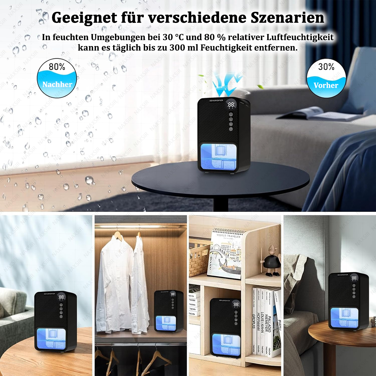 Ein Luftentfeuchter auf einem Tisch, mit Text und Bildern, die seine Funktionen und Verwendung zeigen.