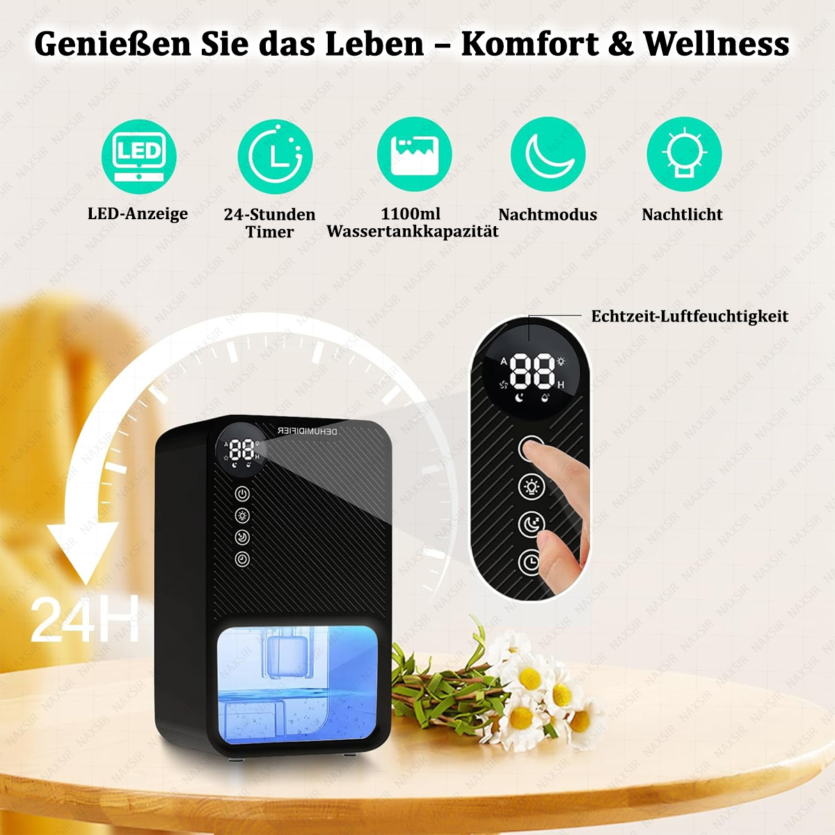 Ein schwarzer Luftreiniger mit Display, Knöpfen und Wassertank. Eine Hand berührt das Bedienfeld. Blumen im Vordergrund.