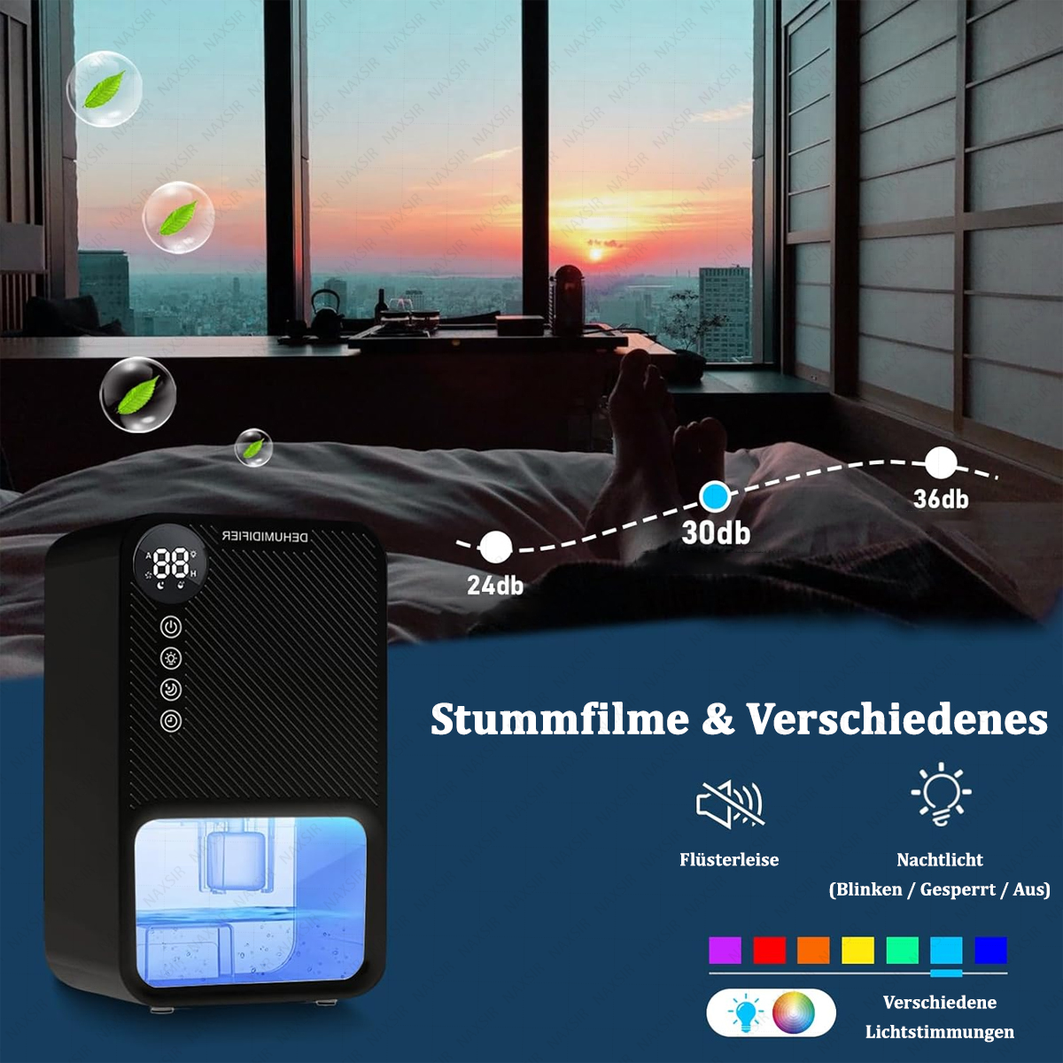 Schlafzimmer mit Luftentfeuchter, Bett und Stadtblick. Das Bild hat Textüberlagerungen auf Deutsch.