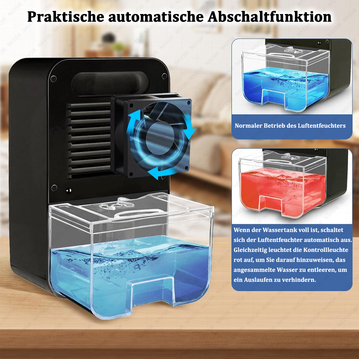 Schwarzer Luftbefeuchter mit Ventilator und Wassertank. Zwei Diagramme zeigen Wasserstände. Text erklärt Abschaltfunktion.