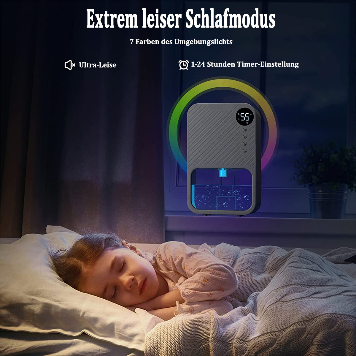 Ein schlafendes Mädchen im Bett. Ein Luftbefeuchter leuchtet mit Regenbogenlicht. Das Bild wirbt für ruhigen Schlaf mit Timer und Umgebungslicht.