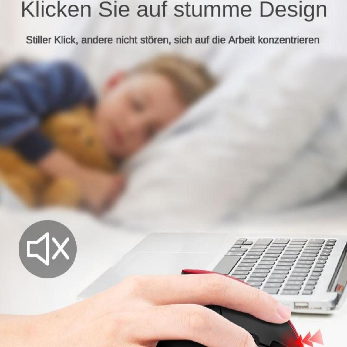 Eine Hand benutzt eine schwarze und rote Maus neben einem Laptop. Eine schlafende Person im Hintergrund, Text oben und ein Kein-Ton-Symbol.