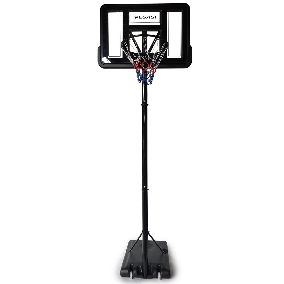 A black basketball hoop with red, white, and blue net. It has a black pole and base with wheels, on a white background.