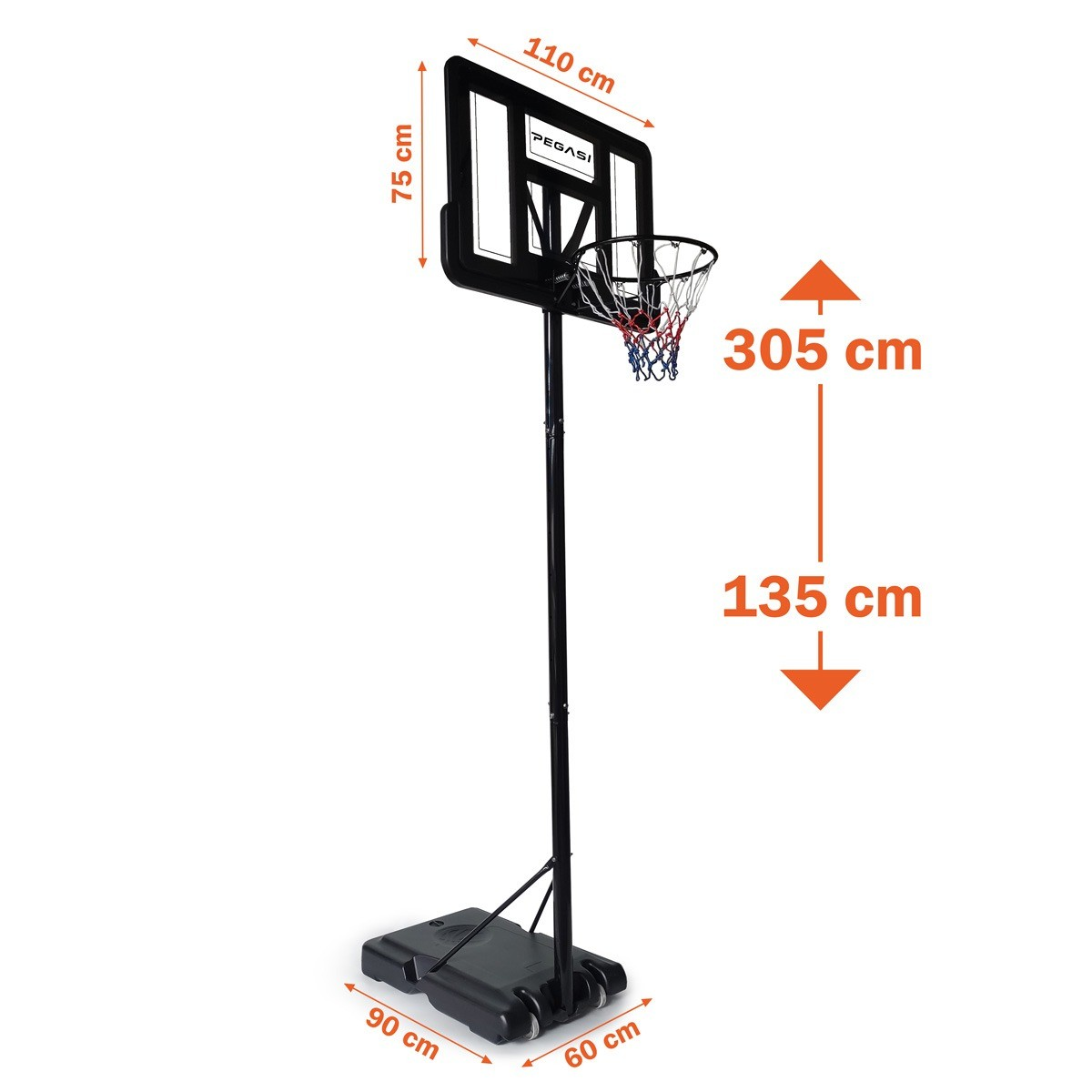 A basketball hoop stands on a white background. It's black, with a red, white, and blue net. Measurements are labeled.