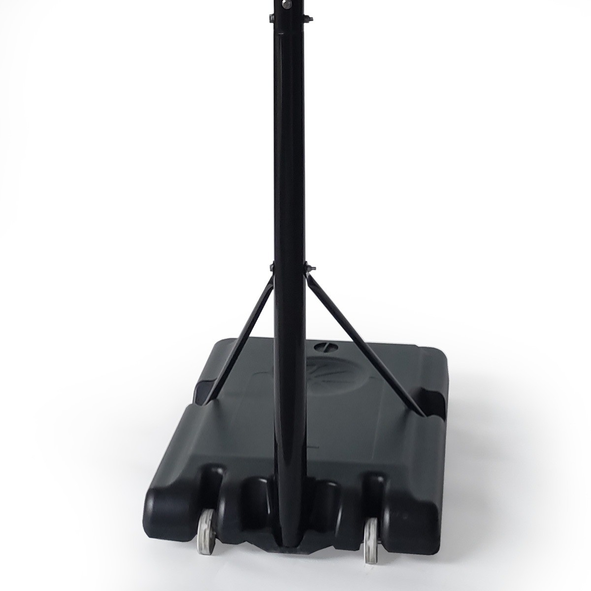 A black basketball hoop base with a pole is on a white background. The base has wheels. The pole is supported by metal bars.
