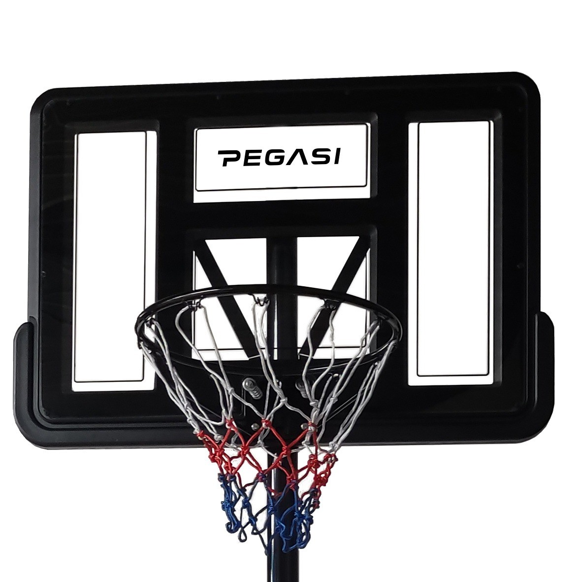 A black basketball hoop with white backboard and net with red and blue accents. The brand name 'PEGASI' is visible.