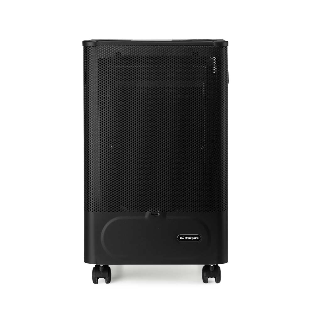 Un calefactor negro y rectangular con un panel frontal perforado. Tiene ruedas en la parte inferior y un logotipo de la marca en la parte delantera.