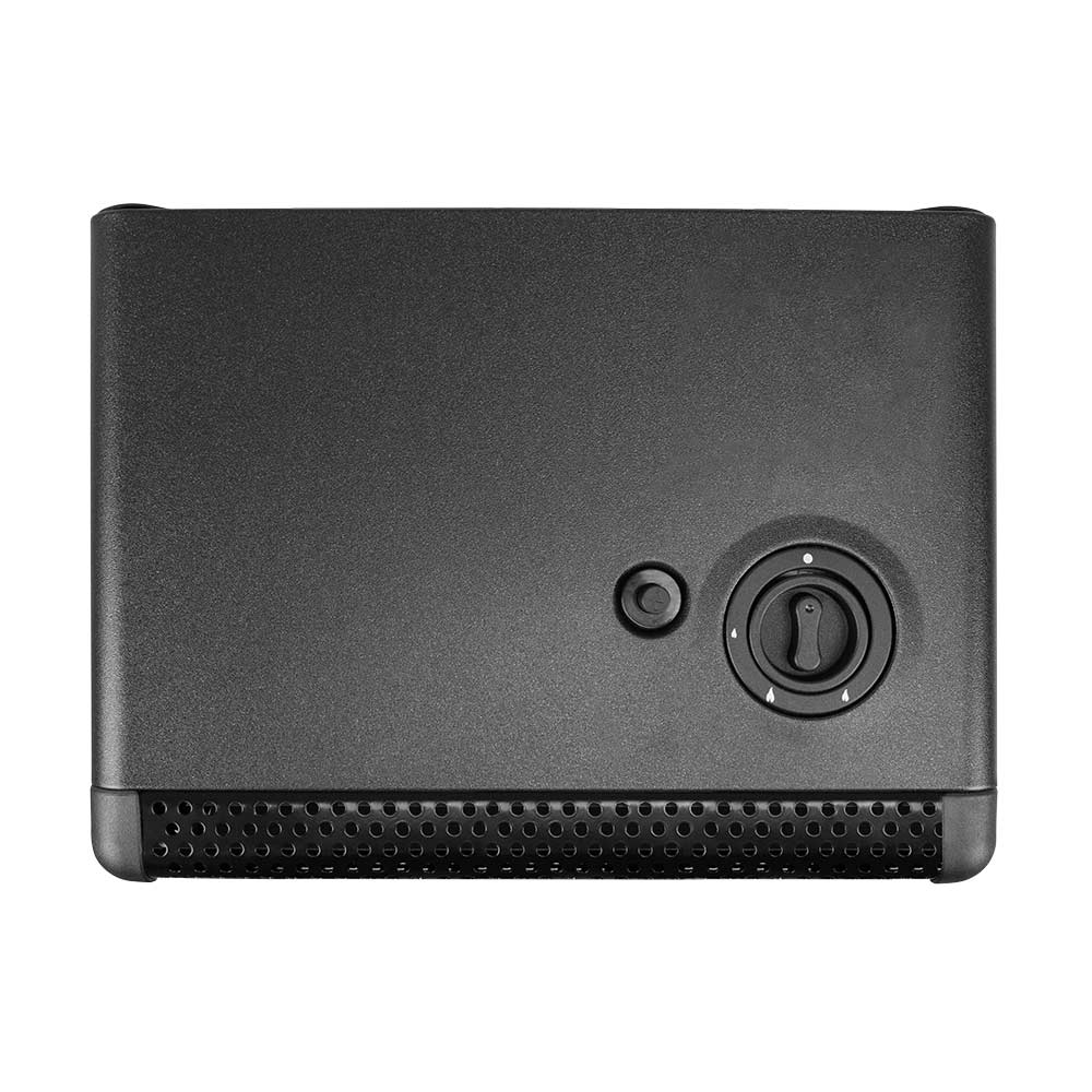 Un dispositivo rectangular gris oscuro con un dial redondo, un botón pequeño y una rejilla en la parte inferior.