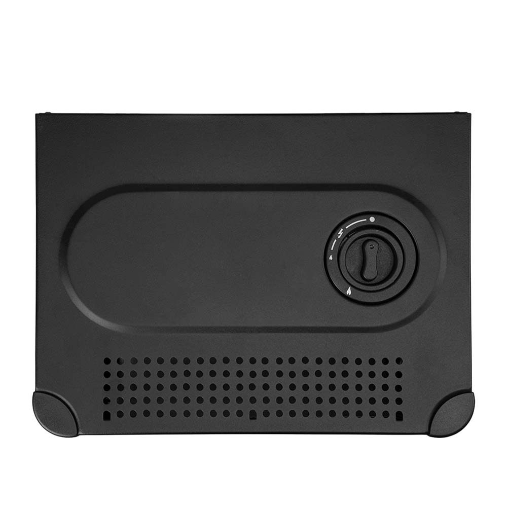 Un electrodoméstico negro con una perilla de control y orificios de ventilación. Tiene un diseño redondeado con forma ovalada empotrada.