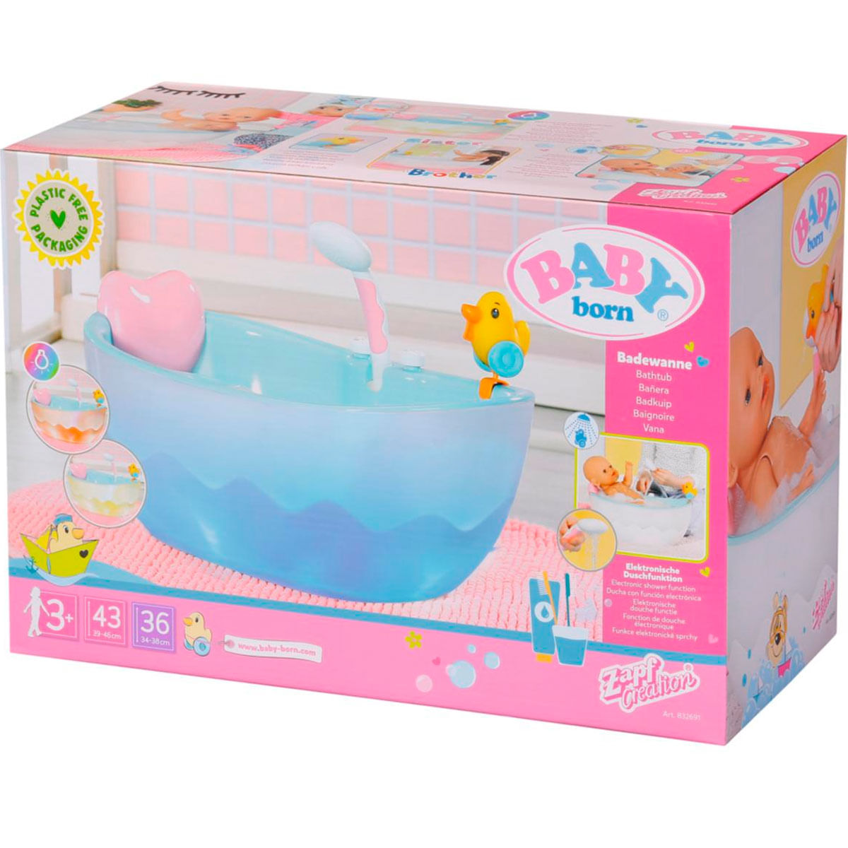 Una bañera de juguete Baby Born en una caja rosa y azul con accesorios como un pato, ducha y almohada en forma de corazón.