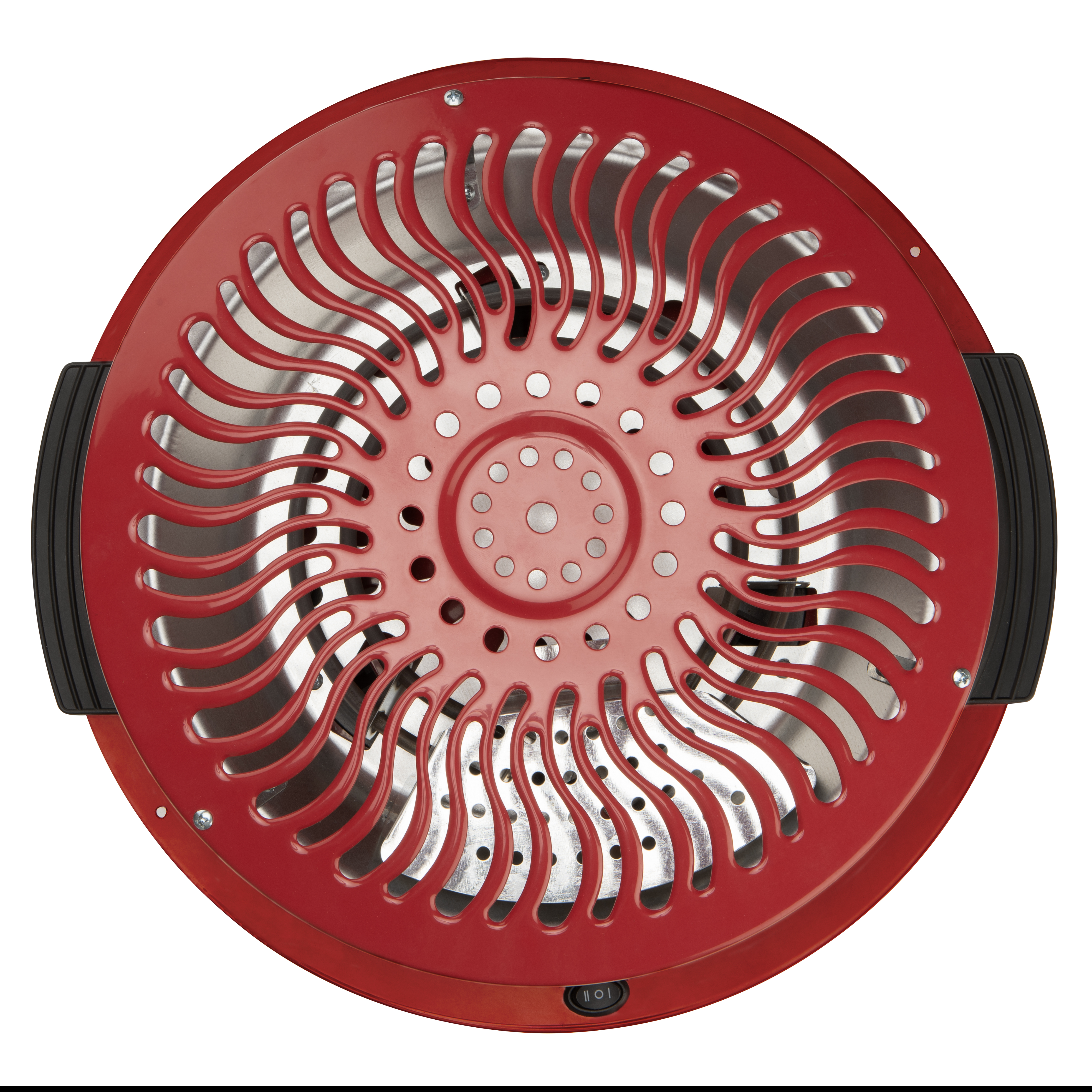 Vista cenital de un elemento de parrilla rojo con diseño circular y asas negras. El centro tiene rejillas de ventilación e interruptor.