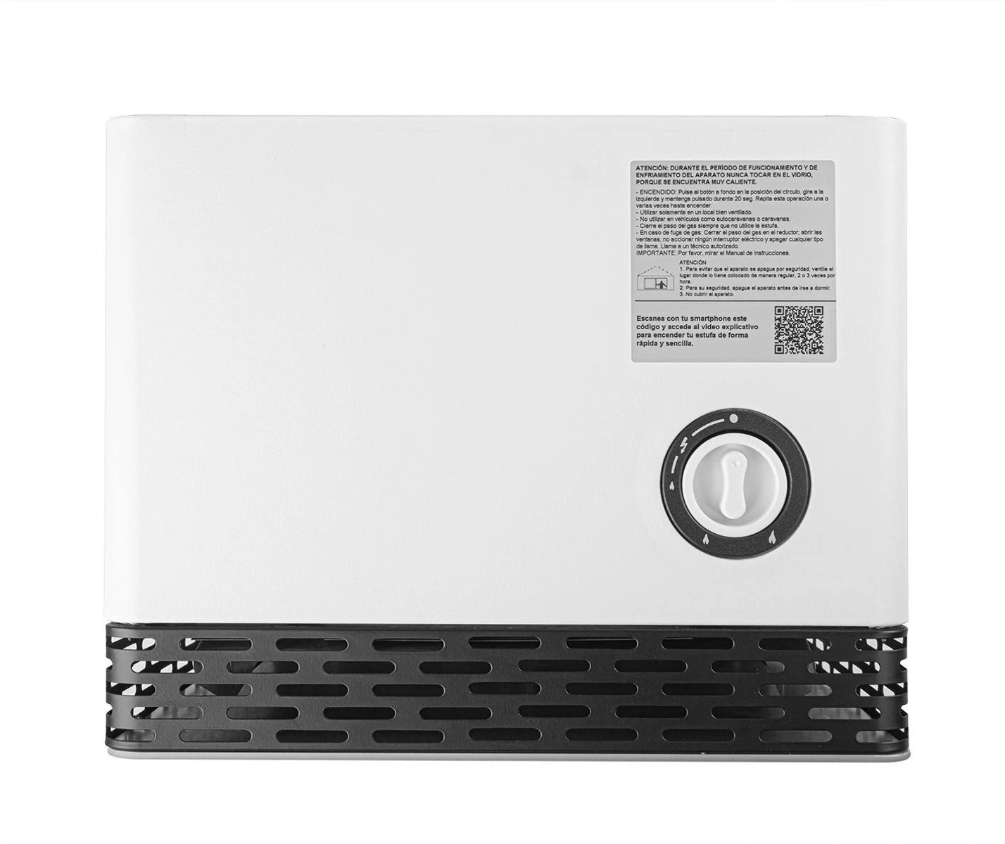 Calentador blanco con rejilla negra, una perilla de control e instrucciones de seguridad impresas en el frente.