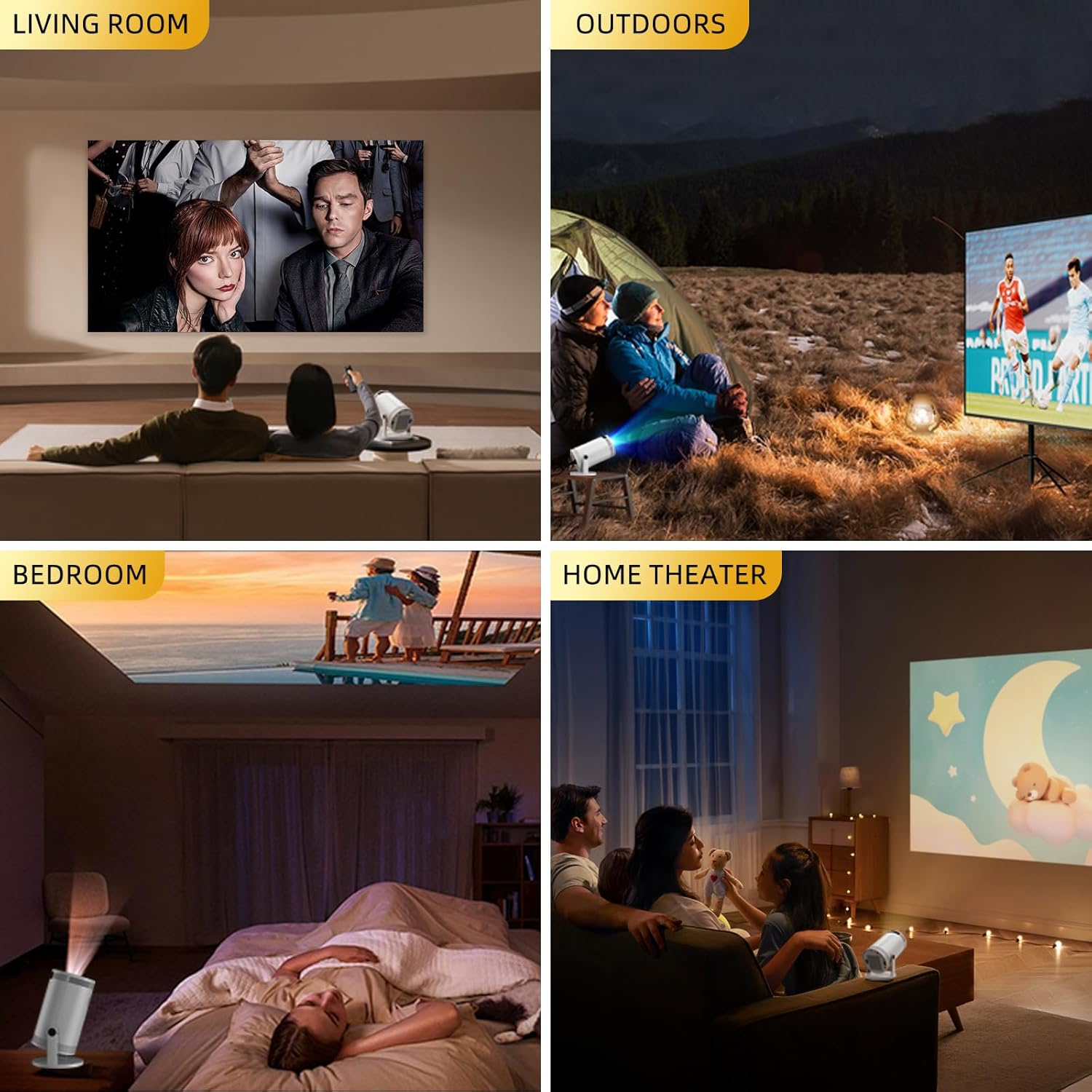 Cuatro escenas: sala de estar, exteriores, dormitorio y cine en casa. Cada una muestra un proyector proyectando una imagen.