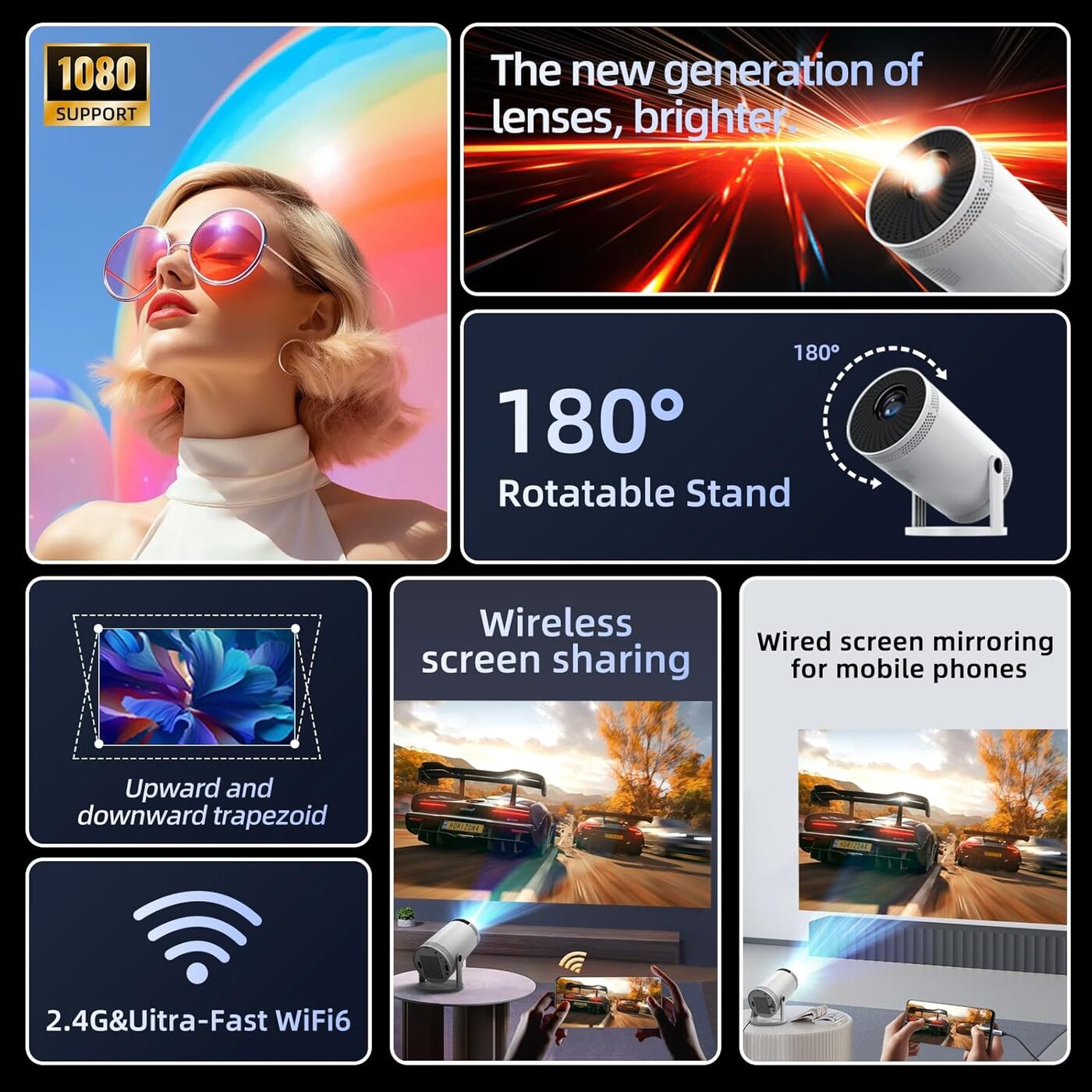 Imagen muestra una mujer con gafas de sol, proyector y características como soporte 1080, soporte giratorio 180°, uso compartido inalámbrico y WiFi6.