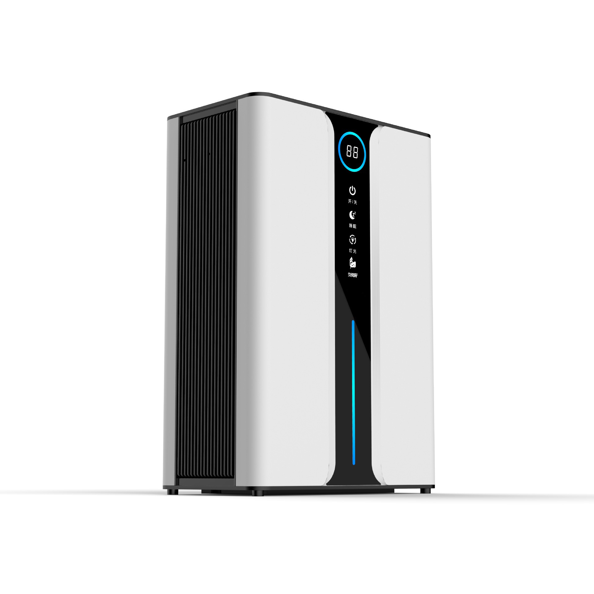 Ein weißer Luftreiniger mit schwarzem Gitter und Digitalanzeige. Er hat ein blaues Licht.