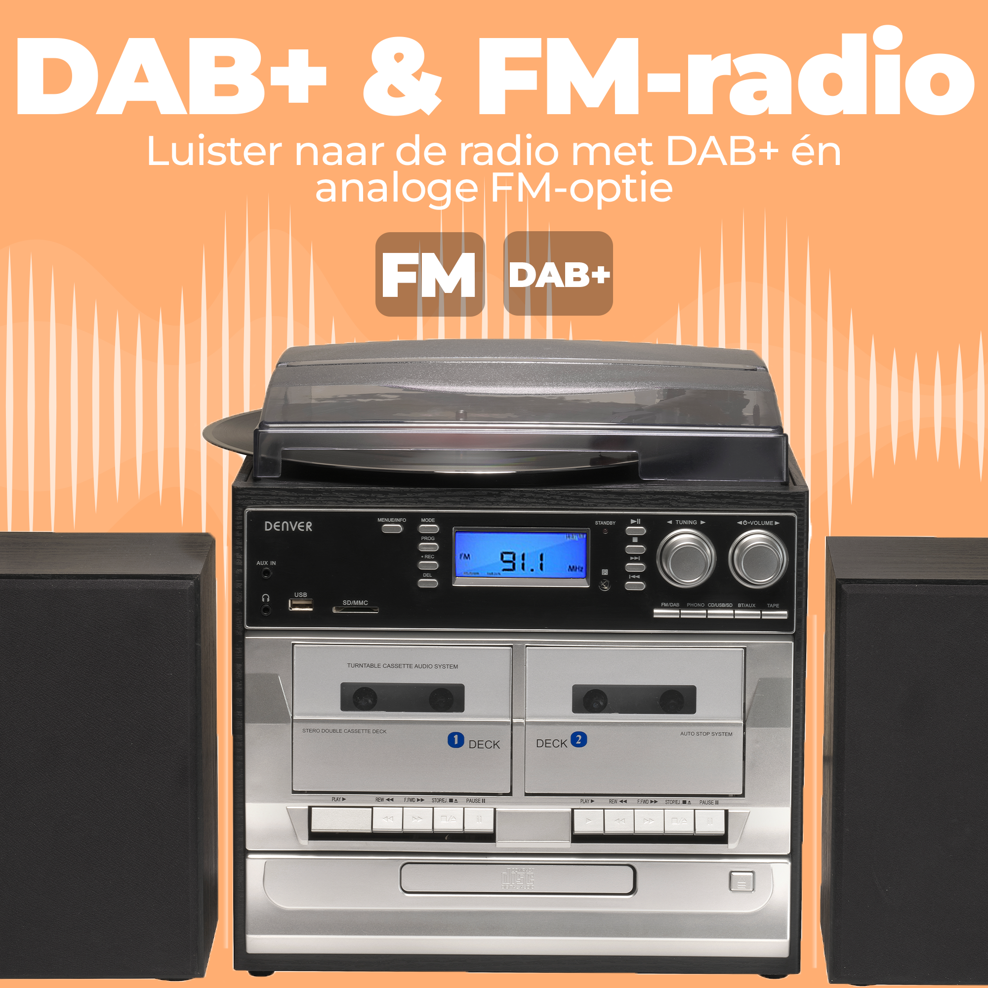 System stereo z radiem DAB+ i FM. Posiada gramofon, odtwarzacze kaset i głośniki. Pomarańczowe tło z białym tekstem.