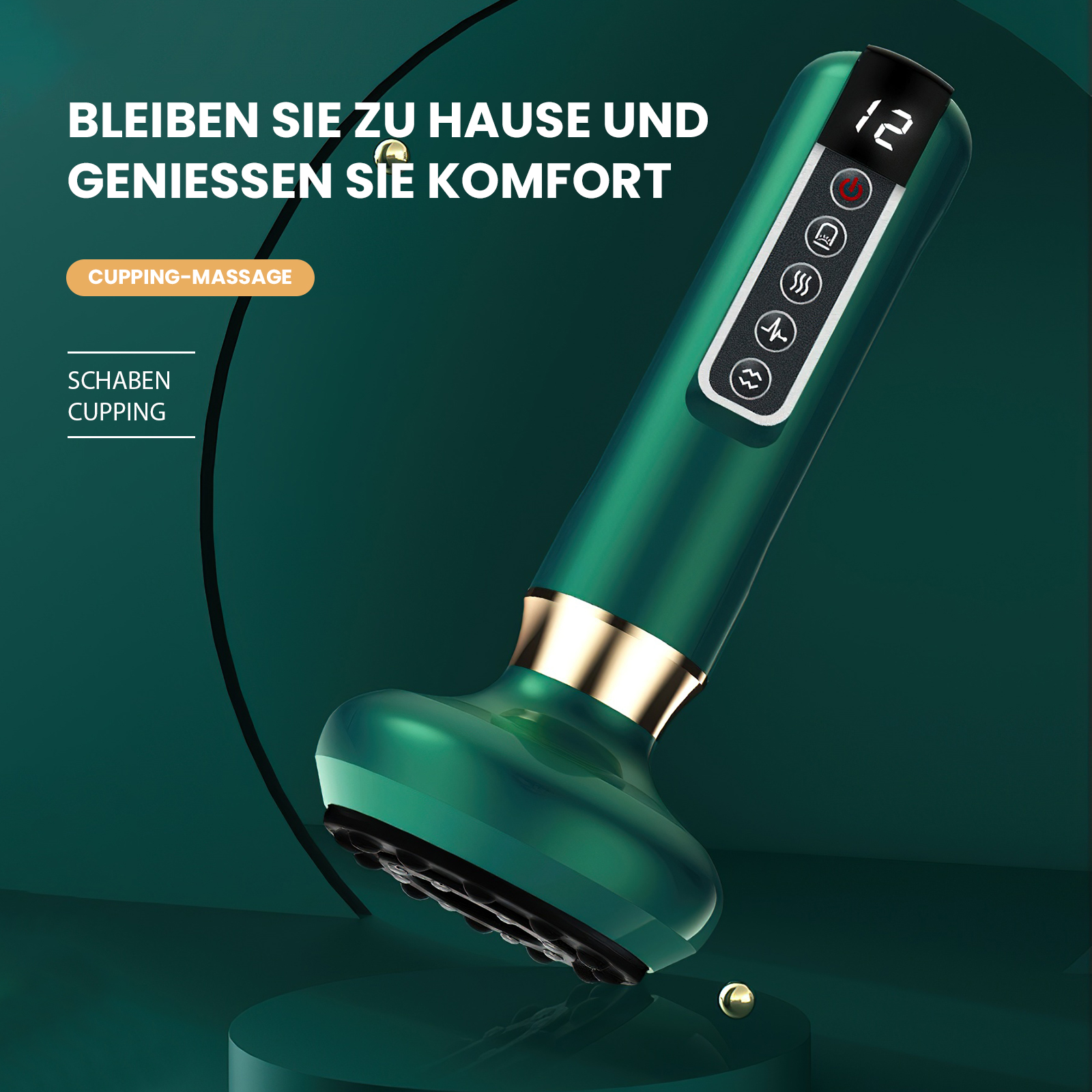Grünes Schröpfmassagegerät mit goldenen Akzenten, Knöpfen und Display. Text sagt 'Cupping-Massage' und 'Schaben Cupping'.