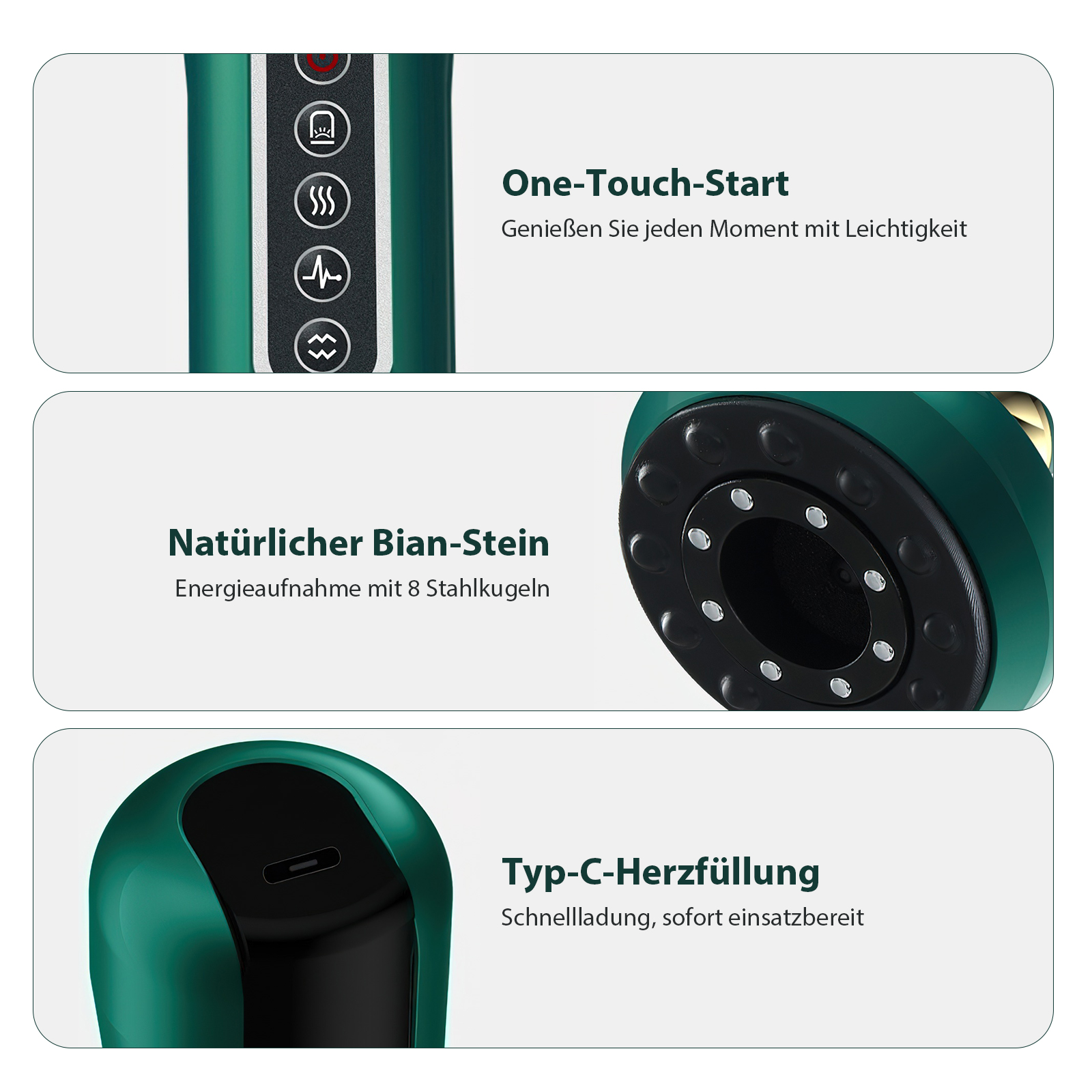 Das Bild zeigt Teile eines grünen Geräts mit Textbeschriftungen. One-Touch-Start, Natural Bian-Stein und Type-C-Herzfüllung sind sichtbar.