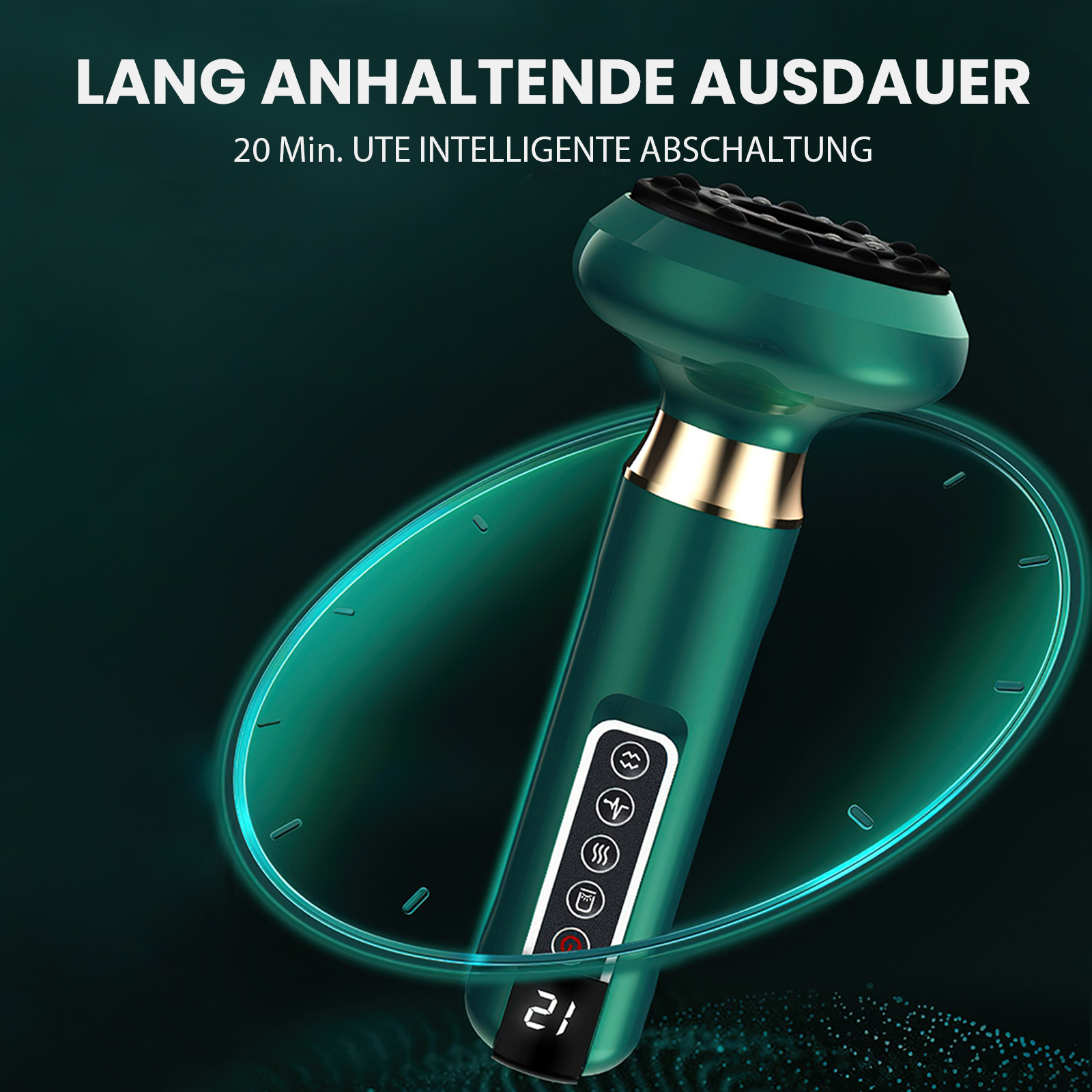 Gezeigte grüne Schönheitsvorrichtung mit schwarzem Oberteil. Ein digitales Display zeigt '21'. Der Hintergrund ist dunkelgrün.