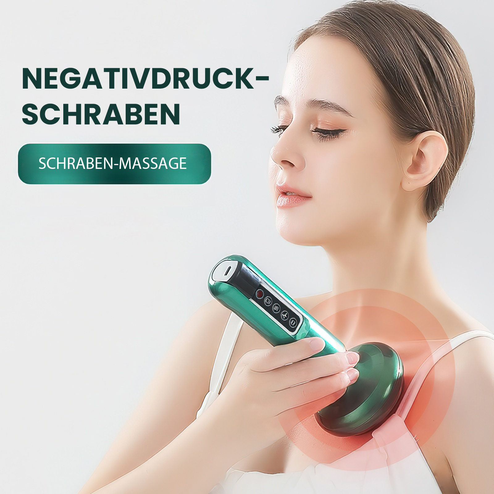 Eine Frau benutzt ein grünes Massagegerät auf ihrer Brust. Text auf Deutsch lautet 'Negativdruck-Schraben' und 'Schraben-Massage'.