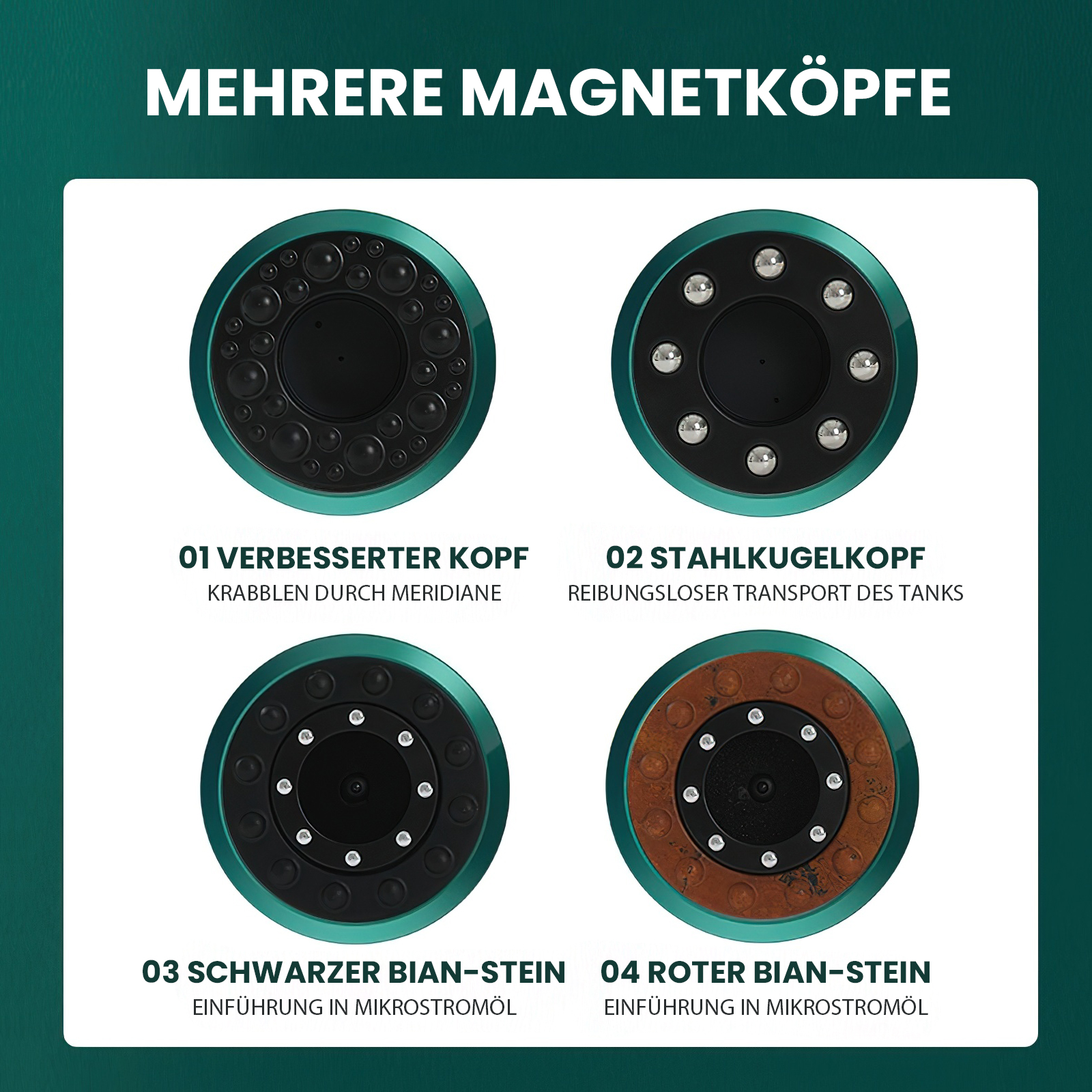 Vier kreisförmige Objekte mit Text. Jedes hat eine schwarze Mitte, einen grünen oder braunen äußeren Ring und verschiedene Designs.